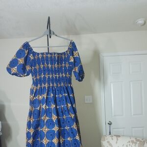 Elegant Blue and Gold African Print Dress